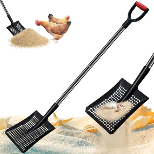 pdpdoc Sifting Shovel, Heavy Duty Metal Sand Sifter for The Beach, 53.5 Long Sand Sifter Shovel for Beach Fun, Chicken Coop, Farm Goat Stall Sand Poop Cleaning, with Ergonomic D-Grip Handle (Black)