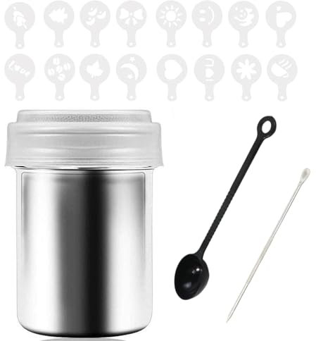 Ksvaye Dosatore Cacao in Polvere, Spargi Zucchero a Velo + Stencil per Caffè + Cucchiaio Dosatore + Penna Stencil per Biscotti Al Caffè Torte Cupcake Arte Decorazioni