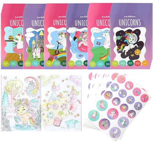 THE TWIDDLERS 36 Mini-Malbücher für Partytüten, mit Aufklebern - Einhorn-Thema, A6 Mini-Bücher für Kinder, Alter 4-8, perfekte kleine Malbücher für Partytüten-Füller-Geschenke