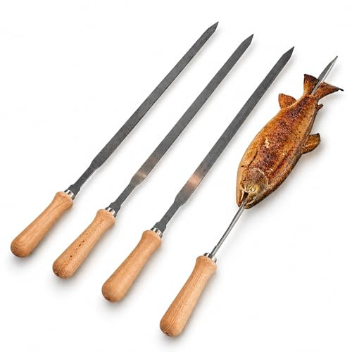 SCHILLING Fischgrilltechnik Grillspieß, Edelstahl, 62 cm lang, Holzgriff, 3 mm Stärke, für Fisch, Geflügel, Schwein, Rind, Wild, Lamm, Gemüse