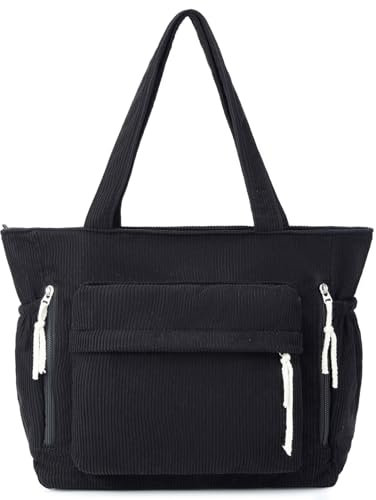 Waniki Handtasche Damen Groß Shopper Tote Bag Cord Tasche Umhängetasche Damen Schultertaschen Beuteltasche Stofftasche für Arbeit Büro Reisen Einkaufen Schule und Alltag (Schwarz)
