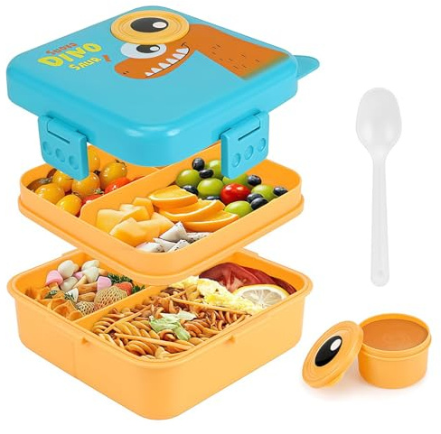 Yamobi Plastic Double-Layer Bento Box Container with 3 Compartments, Large Capacity Leakproof and BPA Free Bento Lunch Box, Durable,Drop-Proof, Dishwasher and Microwave Safe, Blue
