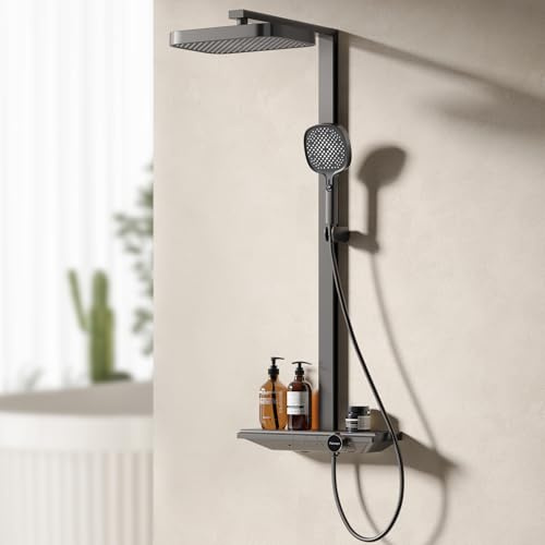 PUKANIUM Thermostat-Duschsystem - 32x22cm Regendusche mit Armatur, Duschsystem mit 40cm Glasablage & Handbrause (3 Strahlarten), höhenverstellbar, Matt Anthrazit