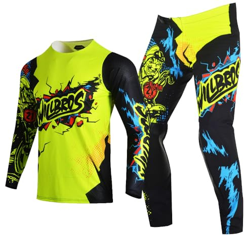 Willbros Juventud Pantalones Maillot Combinación de Motocross Motocicleta de Enduro MX BMX MTB Moto Carreras Niños Niñas Negro Neón YL