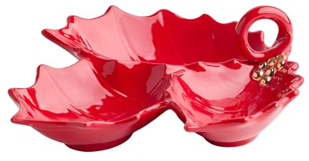 home&you - Plateau Ilex triple, plateau de service à trois compartiments, Noël, décoration de table, en dolomite, 28x25.1x8.7cm, pour apéritif, dessert, fruits, buffet - Rouge