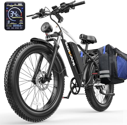 EDIKANI 26 Electric Bike for Adults, 100 Miles 34MPH Fast E Bike for Commuter, Peak 1500W Fat Tire Ebike for Adults Electric with 1104WH Removable Battery, EDS01 (with Saddlebag, Black White)