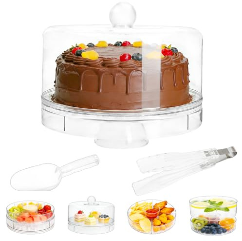 Mulaibdin Cake Stand with Dome Lid Plastic, 6 in 1 Cake Dome Serving Platter with Ice Scoop & Kitchen Tongs, Salad Punch Bowl Multi Purpose, Clear Snack Fruit Dessert Server for Party,BBQ,Picnic