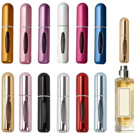 JINGIHE Juego de 12 atomizadores de perfume de viaje recargables, mini botellas de recambio de perfume portátiles, 5 ml, decantador de fragancia vacío para mujeres y hombres, vacaciones, actividades