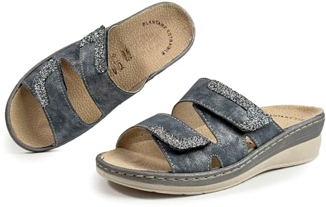 JOMIX Ciabatte Donna Zeppa con Plantare EstraibilePelle Pantofole Comode Anatomiche con Doppio Strappo Regolabile Sandali Ergonomici Ortopedici per Piedi Delicati e Larghi Blu 38