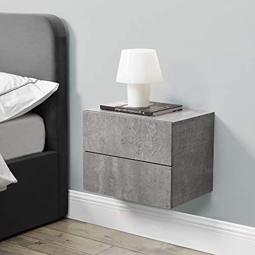 [en.casa] Wall-Mounted Floating Shelf with Two Drawers Bedside Table 40x29x30cm Chipboard Concrete Color
