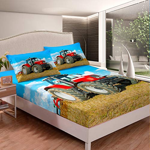 - Juego de sábanas con Estampado de Tractor para niños, diseño de Coches para niños, Color Rojo, maquinaria Pesada, para vehículos de Granja, decoración de habitación Doble