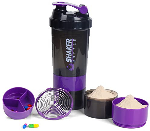 VECH Protein Shaker Bottle - Sports Water Bottle - Non Slip 3 Layer Twist Off GYM Cups with Pill Tray - Leak Proof Shake Bottle Mixer- Protein Powder 16 oz Shake Cup with Storage (Purple)
