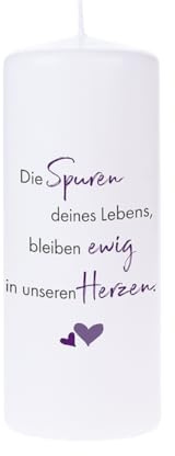 DOLORINO Trauerkerze mit Spruch 'Die Spuren deines Lebens bleiben ewig in unseren Herzenn' 15cm