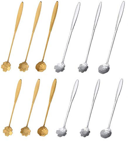 YKKJ 12 pièces cuillères à café à Long Manche ，cuillères à Dessert Ensemble de cuillères à mélanger, pour café, Sucre, Dessert, crème glacée, Soupe, cuillères à Moka （Or et Argent Trois Tailles）.
