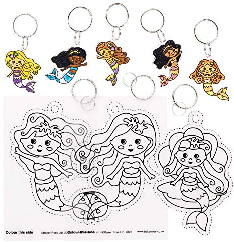 Baker Ross FE161 Meerjungfrau Schrumpffolie Schlüsselanhänger - 8er Pack, Bastelset für Kinder zum Ausmalen und Anhängen, Mittel