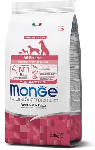 Monge Natural Superpremium PUPPY AND JUNIOR BEEF AND RICE, cibo per cani per tutte le razze (cibo per cuccioli, cibo secco per cani con manzo e riso, molto ricco di fibre e vitamine, 2,5 kg)