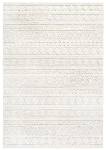 -LUXOR- living Wollteppich Hägga – handgewebter Teppich aus Wolle & Baumwolle, Hoch-Tief Struktur, weich & gemütlich, für Wohnzimmer, Schlafzimmer & Flur, skandinavisches Design, Creme, 70 x 140 cm