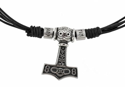 Personalisierte Handmade Kette für Herren, Beads mit Gravur und Lederkette, Viking Mjölnir Halskette Herren – Thor Hammer Anhänger mit 4-Strang Lederband – Nordischer Schmuck Geschenk für Männer