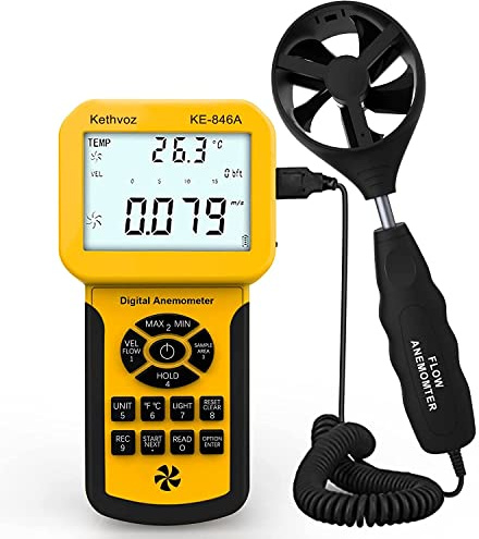 Kethvoz HVAC Anemometer CFM Wind Speed Meter, Digital Airflow Tester Measure Air Velocity Volume Temperature for AC System, Industrial Anemometro with Backlight MAX MIN AVG Data Storage KE-846A