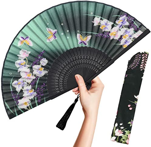 OMyTea Folding Hand Fan for Women - Foldable Chinese Japanese Vintage Bamboo Silk Fan - for Hot Flash, Church, EDM, Music Festival, Party, Dance, Performance, Decoration, Gift (Green Orchid)