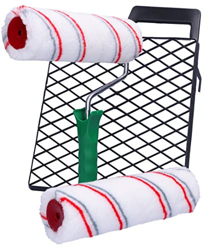 ToolSpace 4 Pezzi Set - Rullo Pittura Kit 2 x 23 cm con Manico e Griglia - per Tinteggiatura Pareti - Pitturare Casa e Interne - Imbiancare Vernici - Attrezzi per Verniciatura Dipingere - Verniciare