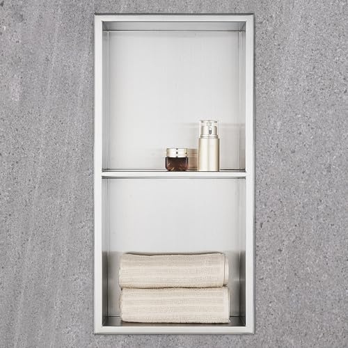 HANFU Väggnisch dusch rostfritt stål, dusch flexibel installation, dubbelhylla väggmonterad dusch förvaring för badrum tvålflaskor toalettartiklar, inbyggd duschnisch 60 x 30 x 10 cm, silver