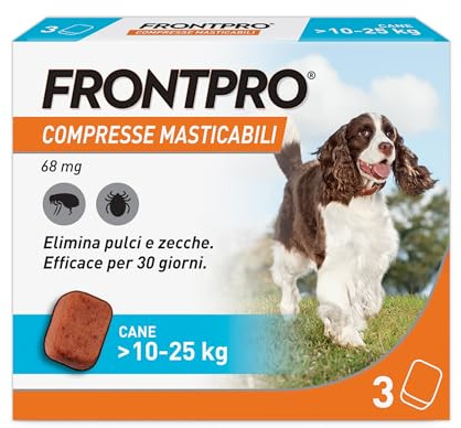 FRONTPRO 3 Compresse Masticabili Antiparassitario per Cani di Peso > 10-25 kg Protegge da Pulci e Zecche, Antipulci in Confezione da 3 Compresse da 68 mg di Afoxolaner, 10kg-25kg