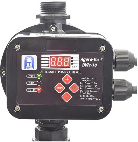 Agora-Tec® Pumpensteuerung Druckschalter Durchflusswächter AT-DWv-18 verkabelt (Ein- und Abschaltdruck einstellbar) mit Trockenlaufschutz, Überdrucküberwachung, Leckageanzeige