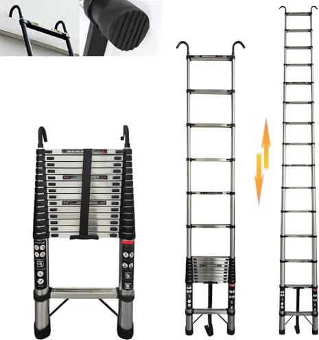 5 m Telescopic Folding Ladder with Removable Hook, Portable Multi-Purpose Ladder, Extendable Ladder, Non-Slip Household Ladder, 150 kg Load Capacity