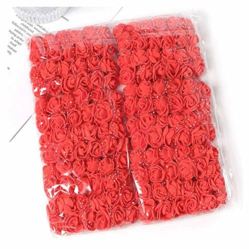 SHTGOI 144 Stück PE Schaumrosen Mini Künstliche Rosen 2.5CM Rosenköpfe Deko Gefälschte Rosen mit Stiel Blumenköpfe zum Basteln für Hochzeit Braut Haarspangen Stirnbänder Blumensträuße Rot