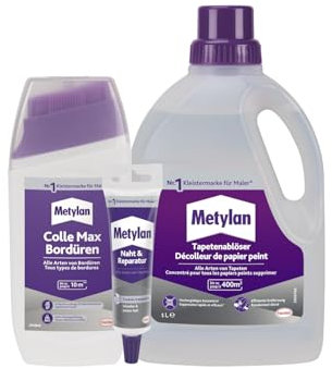 Metylan Bordüren Klebstoff, für Bordüren aus Papier, Gewebe, Metall (1x250g) & Metylan Naht- und Reparaturkleber (1x60g) & Metylan Tapetenablöser Aktiv-Konzentrat (1x 1l)