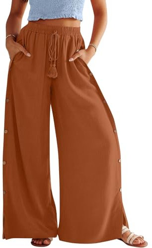Leinenhose Damen Einfarbiges Baumwoll Leinen Palazzo Hose Knopfleiste Reha Hose Elastische Taille 7/8 Hosen Leicht Sommerhose Stretch Freizeithose Mit Schlitz High Waist Haremshose