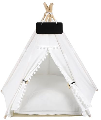 Pet Tipi für Katzen Hunde - 50,8 x 50,8 x 61 cm Katzen-Tipi mit dickem Kissen für Katzen Hunde Kaninchen, waschbares Hundezelt mit Tafel, Indoor-Haustierhaus für Welpen, Weiß