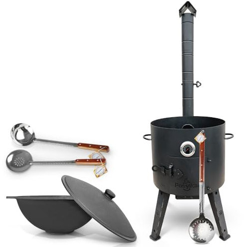 Utschak - Horno de fuego de 44 cm de diámetro, 2 mm, acero con termómetro uzbeko kazan 16 l, base plana, kazan Учаг Uchag казан hierro fundido horno учак (set 4)