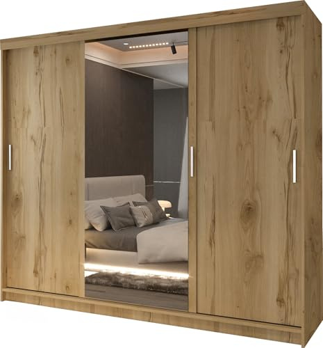 FURNITUREWAVE 3-Door Grey, Black, White, Wenge, Walnut, & Oak Sleek Storage Sliding Modern Wardrobe for All Bedrooms 250cm (Oak, 250cm)