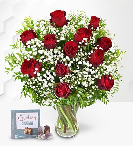 Flores de Amor con Chocolates - Ramo de -Flores – Regalo Fresco para Cumpleaños o Día de la Madre – Arreglo de Lujo con Entrega al Día Siguiente – Sorpresa Elegante para Ella