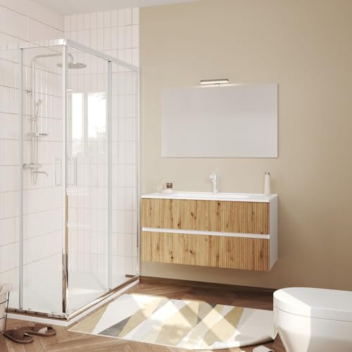 Kiamami Valentina Mobile Bagno Sospeso 100 Cm Bianco Rovere Cannettato | Serie Salina, dimensioni 100x46x190 cm, lavabo ceramica, specchio 100x60 cm, lampada LED inclusa