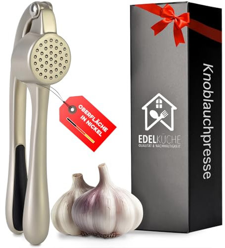 EdelKüche Premium Knoblauchpresse für Knoblauch & Ingwer (ohne Schälen) | Spülmaschinenfest | Ingwerpresse, Küchenutensil, Küchenwerkzeug | Praktisch und Pflegeleicht | Einfaches Pressen (Nickel)