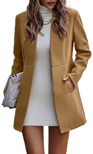 IDEALSANXUN Wool Blazer for Women 2025 Fall Winter Open Front Blazer Jackets Business Coats Dressy Peacoat Trench Coat, Khaki, M