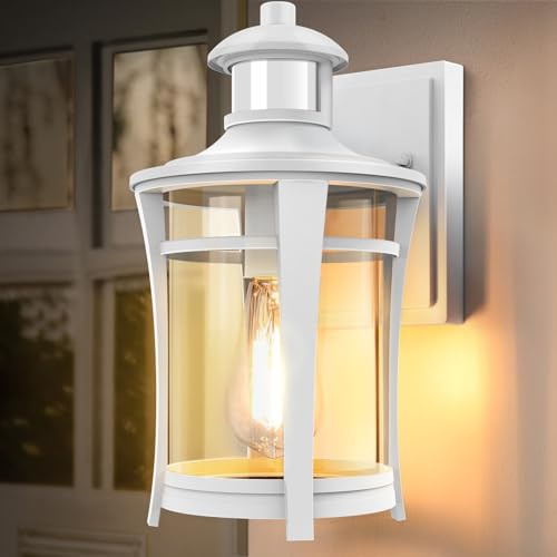 Lamomo Outdoor Motion Sensor Wall Light,Dusk Til Dawn Lamp with Bulb,White | 3 Modes, Mains Powered, Outside Waterproof Anti-Rust Aluminum Pir Security Lantern for Front Door, Porch, Garden, E27 Base