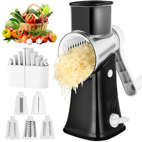 APSARAS USA Cheese Grater Hand Crank, Rotary Cheese Grater, 5 in 1 Rotary Grater, Cheese Shredder Replaceable Stainless Blades with Strong Suction Base, Easy to Clean Kitchen Gadgets with Storage Box