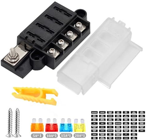 Xmart Porta Fusibili a 4 Vie Generic Portafusibili 12v con Fusibili 4 Pezzi e Adesivi Fusibili Auto per Camper Camion Piroscafo per Yacht per Motociclette Portafusibile 5a/10a/15a/20a
