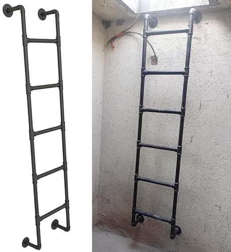Basement Window Well Egress Ladder, Emergency Fire Climbing Ladders 8 Rung, Black Metal Step Ladders for Loft Outside Deck Apartments, 45 55 65 70 Inch(250cm/98in)
