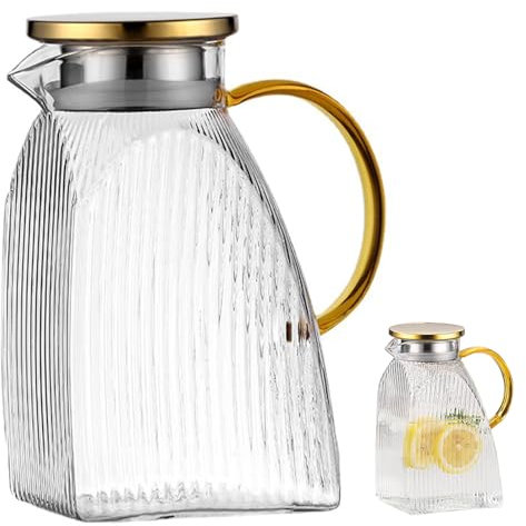 Karaffe Glas mit Deckel, 1.8L Glaskanne, Glaskanne mit Edelstahldeckel, Glaskaraffe, Auslaufsicherer Kühlschranktür Karaffen für Heiße oder Kalte Getränke