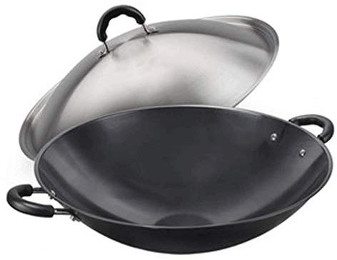 Wok resistente in acciaio al carbonio martellato a mano con manici binaurali, 40 cm, fondo rotondo tradizionale