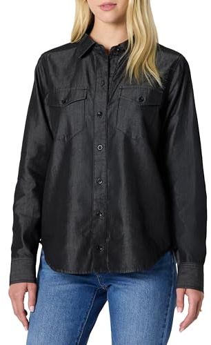 Amazon Essentials Camicia da Donna a Maniche Lunghe con Bottoni, in Denim Chambray, vestibilità Comoda, Lavaggio Nero, L