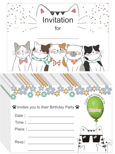 20 Set Cat Theme Birthday Invitation Cards with Envelopes 4 x 6 inch Unique Personalized Cat Birthday Party Invitations Cards of cat birthday party decor cat lover