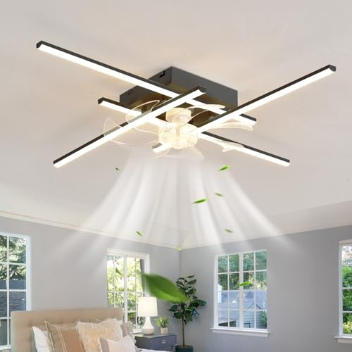 Intelligent Ventilateur Plafond Avec Lumiere Avec Télécommande, Dimmable Lumière De Ventilateur De Lustre À 6 Vitesses, Moderne Réversible Lampe Ventilateur Plafond Mémoire Chambre Salon, Noir 85CM