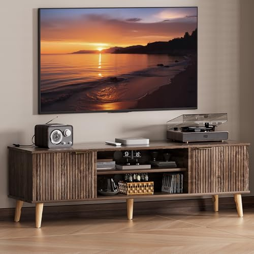 Yorbay Modern TV-Schrank mit Türen: Lowboard für Fernseher bis zu 65 Zoll | Schöner Stabil Fernsehschrank für Wohnzimmer Esszimmer Schlafzimmer - 147 cm Lang Fernsehtisch mit Offenen Fächern Braun