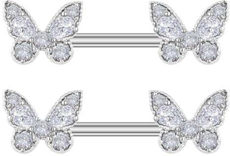 Gojewen 2er Brustwarzenpiercing 14mm Silber Schmetterling Nippelpiercing Edelstahl Piercing Brustwarze Nippel Ring